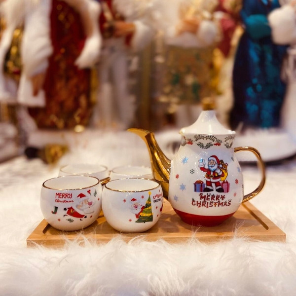 Christmas Series Tea Set Ceramic Teapot Water with 4 Cups and Tray